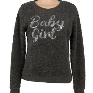 Weekending Grey Fuzzy "Baby Girl" Sweater Silver Graphic Size M
